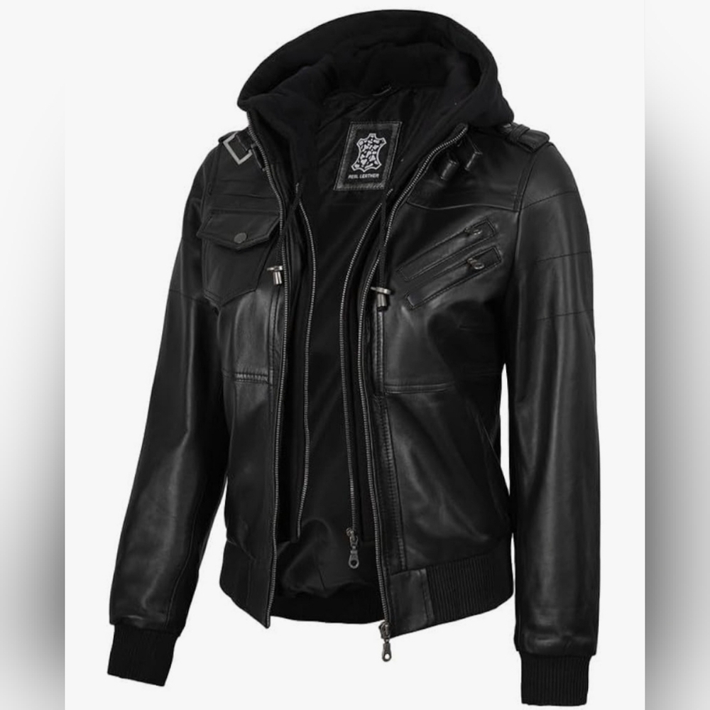 🛍 NWT Decrum Detachable Hooded Real Lambskin Leather Bomber Jacket Size XLP